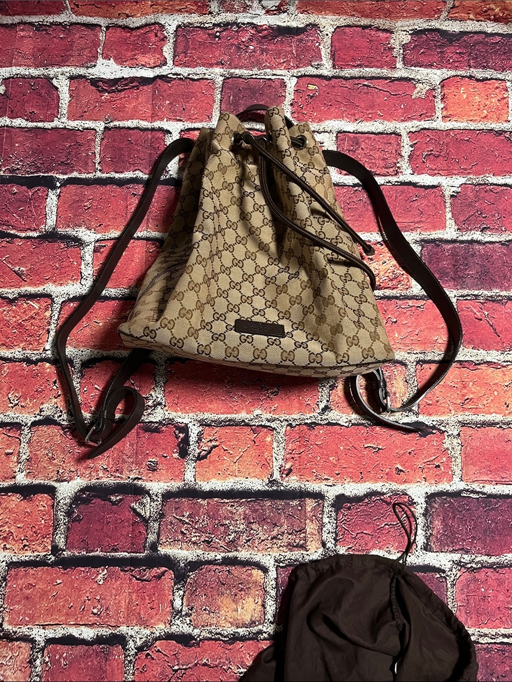 Gucci Beige Brown GG Monogram Drawstring Backpack